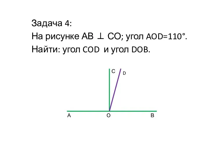 Задача 4: На рисунке АВ ⊥ СО; угол AOD=110°. Найти: угол COD и