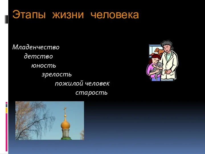 Этапы жизни человека Младенчество детство юность зрелость пожилой человек старость