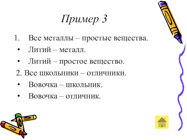 Пример 3 Все металлы – простые вещества. Литий – металл.