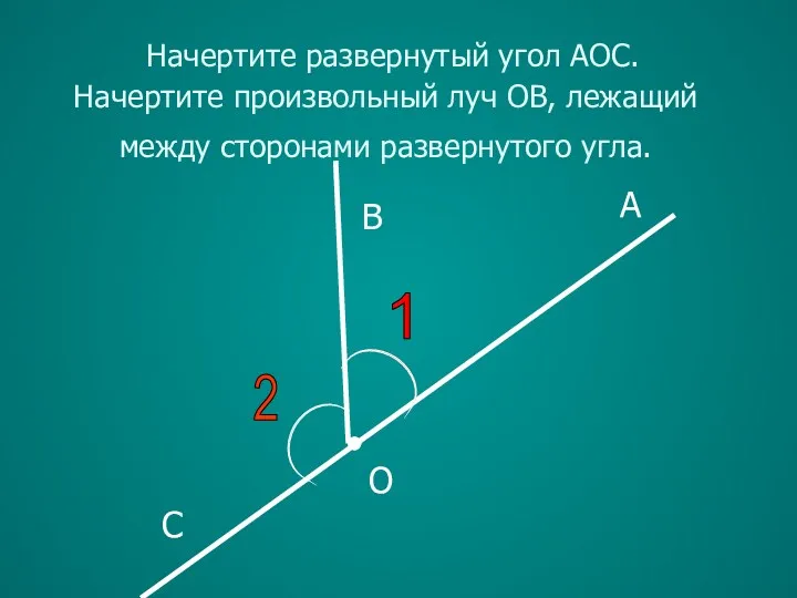 1 A B C O Начертите развернутый угол АОС. Начертите произвольный луч ОB,