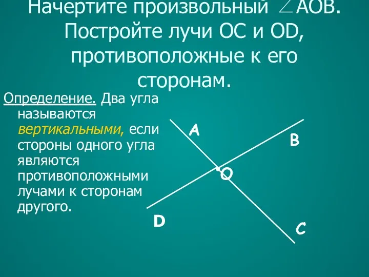 Начертите произвольный ∠AOB. Постройте лучи OC и OD, противоположные к его сторонам. В