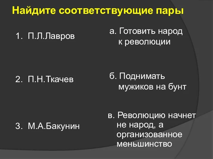 Найдите соответствующие пары 3. М.А.Бакунин 2. П.Н.Ткачев 1. П.Л.Лавров в.