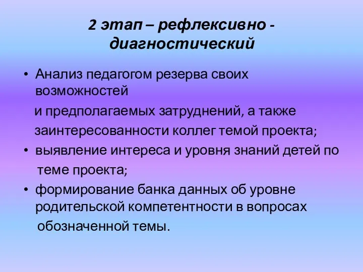 2 этап – рефлексивно - диагностический Анализ педагогом резерва своих