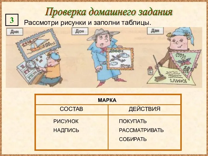 Проверка домашнего задания 3 Рассмотри рисунки и заполни таблицы. МАРКА РИСУНОК НАДПИСЬ ПОКУПАТЬ РАССМАТРИВАТЬ СОБИРАТЬ