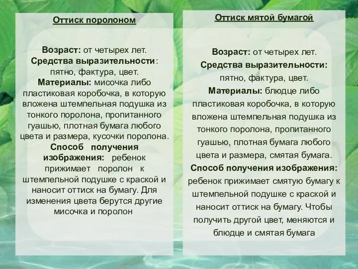 Оттиск поролоном Возраст: от четырех лет. Средства выразительности: пятно, фактура,