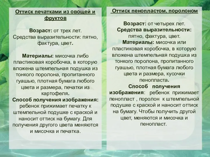 Оттиск печатками из овощей и фруктов Возраст: от трех лет. Средства выразительности: пятно,