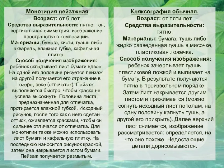 Монотипия пейзажная Возраст: от 6 лет Средства выразительности: пятно, тон, вертикальная симметрия, изображение