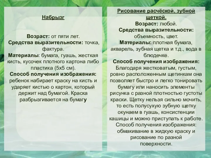 Набрызг Возраст: от пяти лет. Средства выразительности: точка, фактура. Материалы: бумага, гуашь, жесткая