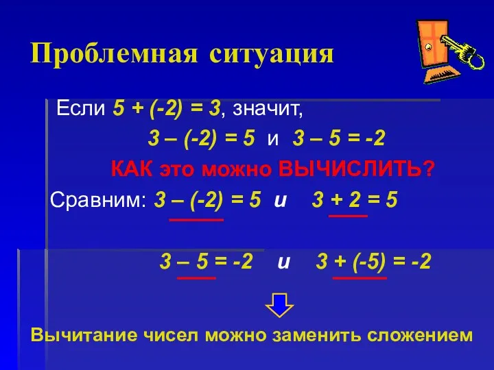 Проблемная ситуация Если 5 + (-2) = 3, значит, 3