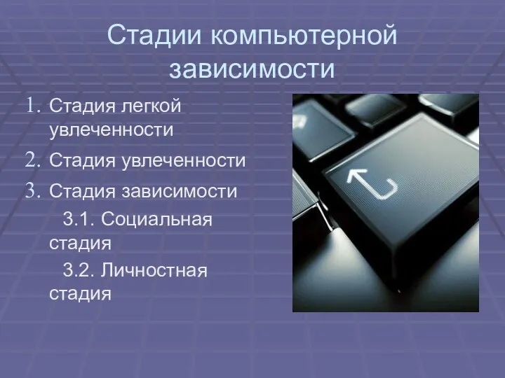 Стадии компьютерной зависимости Стадия легкой увлеченности Стадия увлеченности Стадия зависимости 3.1. Социальная стадия 3.2. Личностная стадия