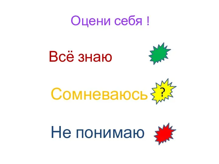 Оцени себя ! Всё знаю Сомневаюсь Не понимаю ?