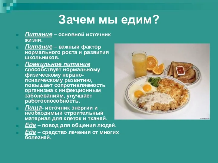 Зачем мы едим? Питание – основной источник жизни. Питание – важный фактор нормального