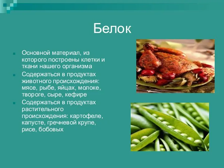 Белок Основной материал, из которого построены клетки и ткани нашего организма Содержаться в