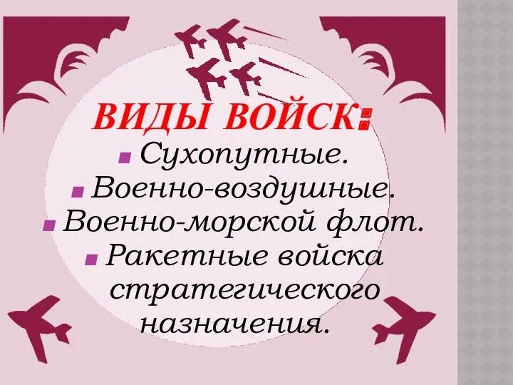 Виды войск: Сухопутные. Военно-воздушные. Военно-морской флот. Ракетные войска стратегического назначения.