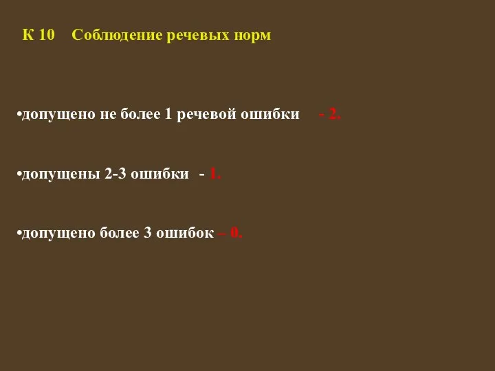 К 10 Соблюдение речевых норм допущено не более 1 речевой