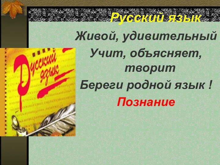 Русский язык Живой, удивительный Учит, объясняет, творит Береги родной язык ! Познание