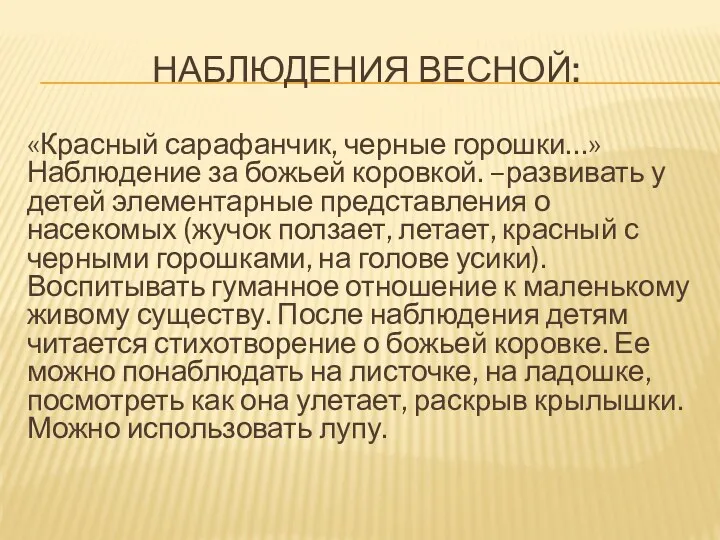 Наблюдения весной: «Красный сарафанчик, черные горошки…» Наблюдение за божьей коровкой.