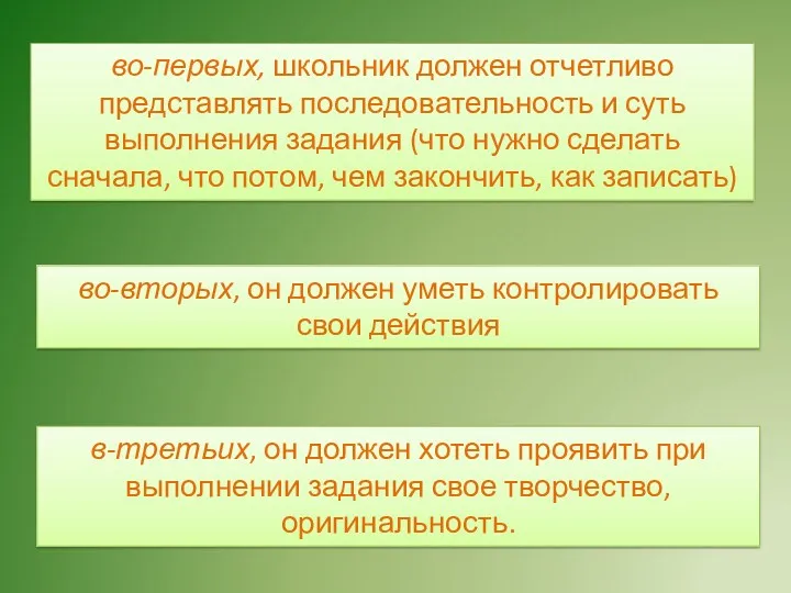 во-первых, школьник должен отчетливо представлять последовательность и суть выполнения задания