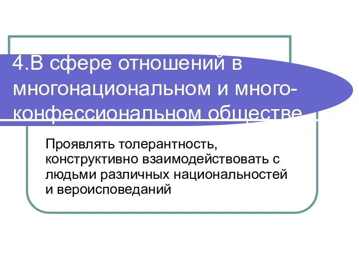 4.В сфере отношений в многонациональном и много- конфессиональном обществе Проявлять