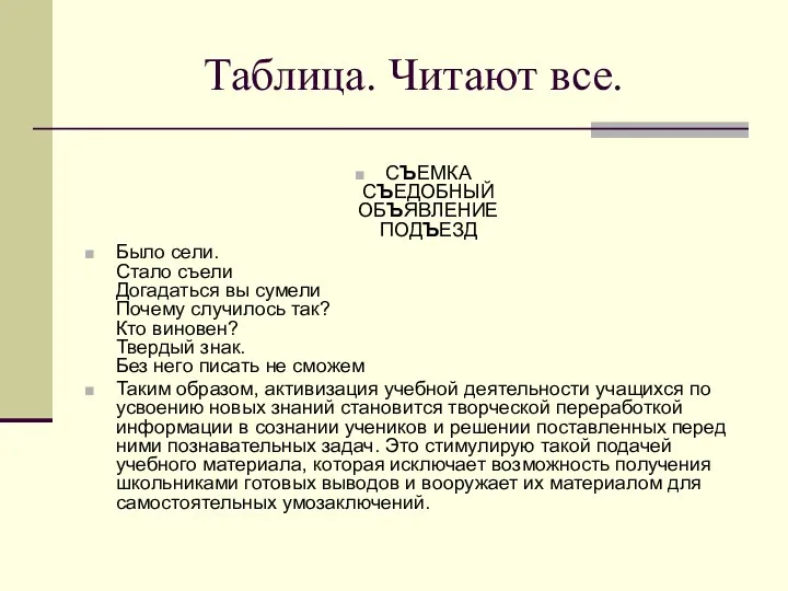 Таблица. Читают все. СЪЕМКА СЪЕДОБНЫЙ ОБЪЯВЛЕНИЕ ПОДЪЕЗД Было сели. Стало