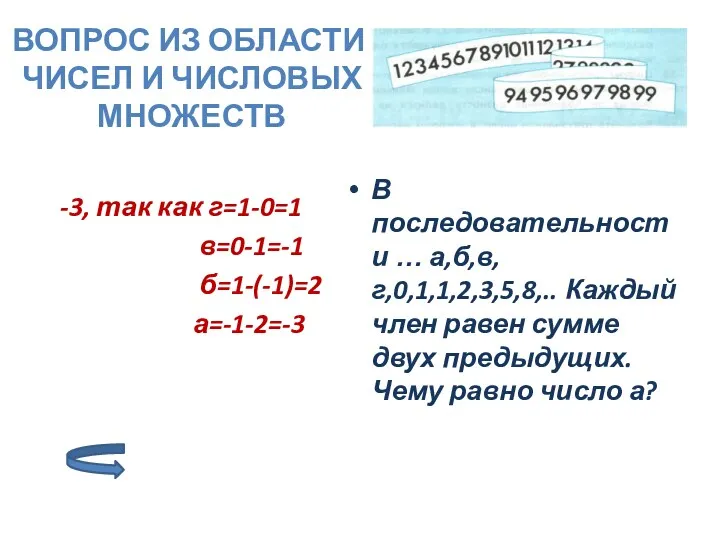 Вопрос из области чисел и числовых множеств В последовательности … а,б,в,г,0,1,1,2,3,5,8,.. Каждый член