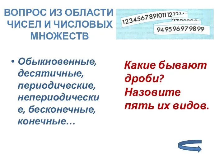 Обыкновенные, десятичные, периодические, непериодические, бесконечные, конечные… Какие бывают дроби? Назовите пять их видов.