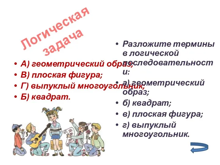 А) геометрический образ; В) плоская фигура; Г) выпуклый многоугольник; Б) квадрат. Разложите термины