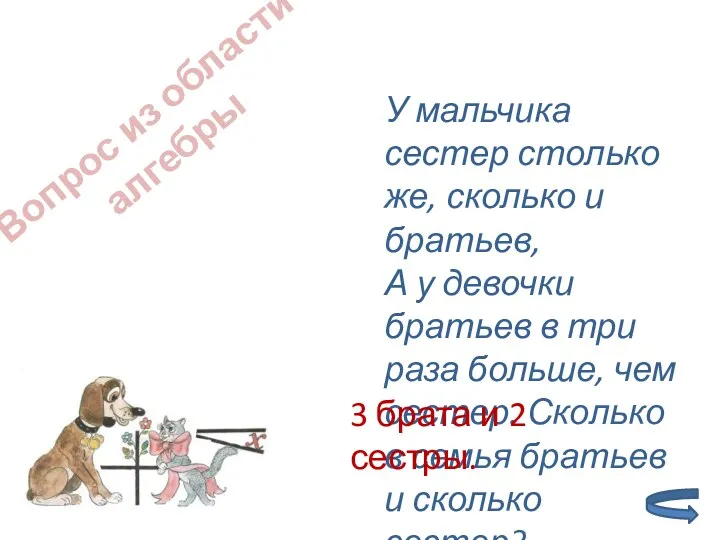 Вопрос из области алгебры У мальчика сестер столько же, сколько и братьев, А