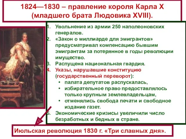 1824—1830 – правление короля Карла X (младшего брата Людовика XVIII).