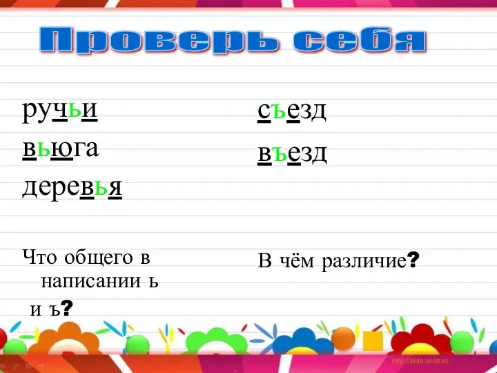 Проверь себя ручьи вьюга деревья Что общего в написании ь