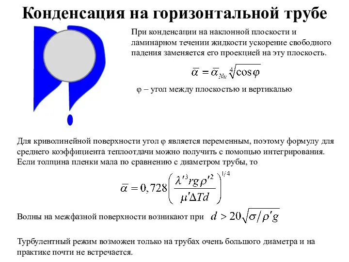 Конденсация на горизонтальной трубе При конденсации на наклонной плоскости и ламинарном течении жидкости