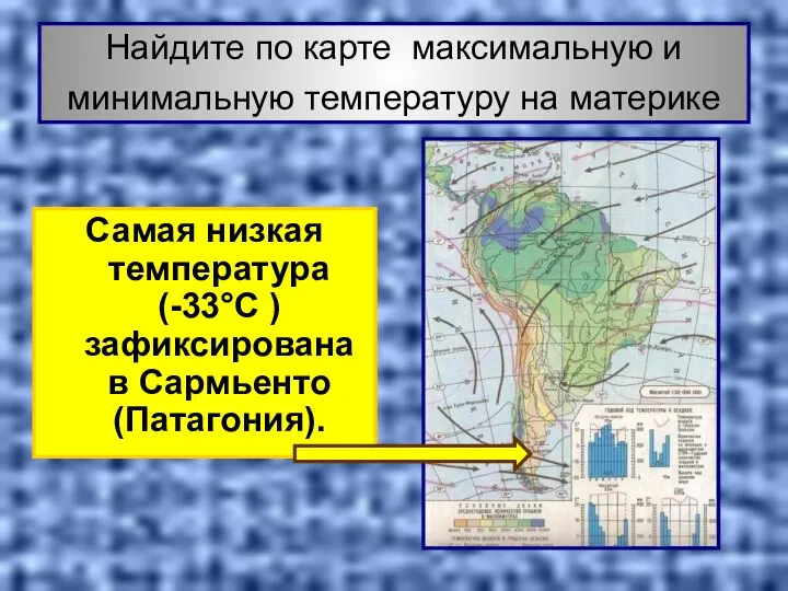 Найдите по карте максимальную и минимальную температуру на материке Самая низкая температура (-33°С