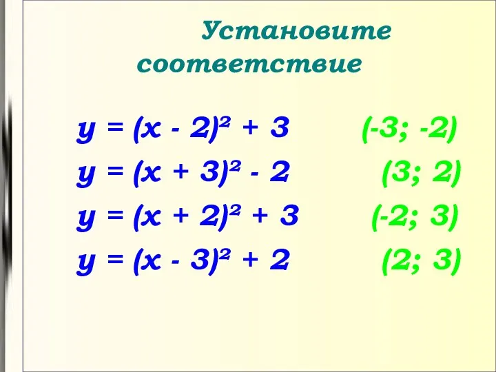 Установите соответствие у = (х - 2)² + 3 (-3; -2) у =