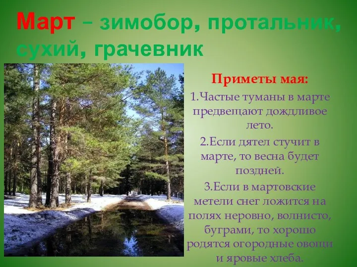 Март – зимобор, протальник, сухий, грачевник Приметы мая: 1.Частые туманы в марте предвещают