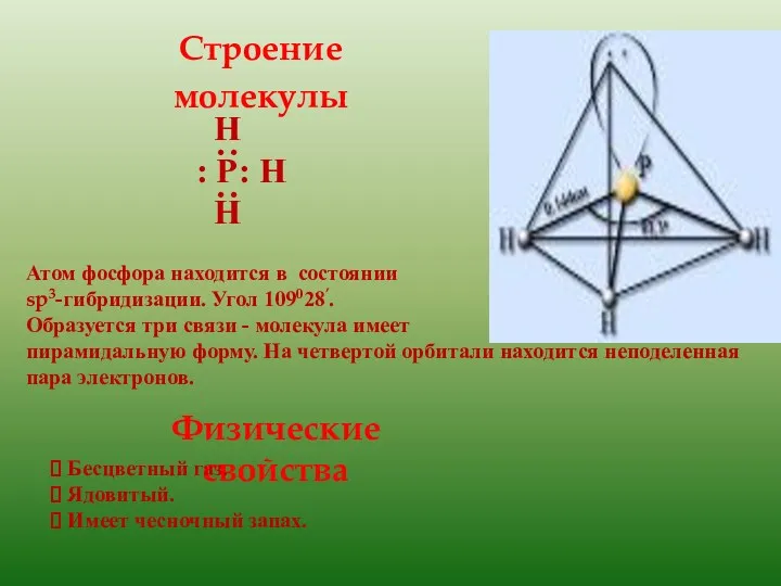 Н : Р: Н Н ∙∙ ∙∙ Атом фосфора находится в состоянии sp3-гибридизации.