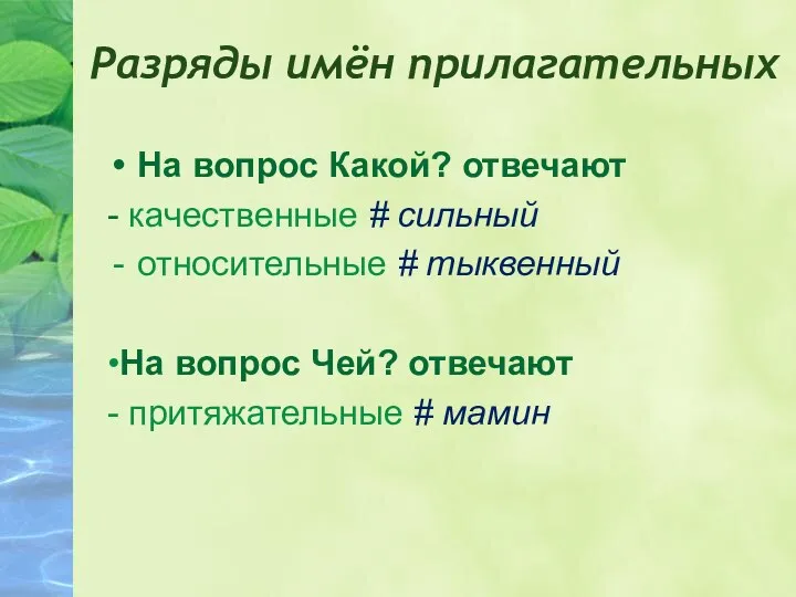 Разряды имён прилагательных На вопрос Какой? отвечают - качественные #