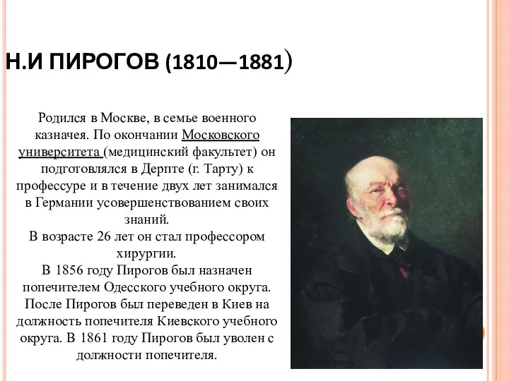 Н.И ПИРОГОВ (1810—1881) Родился в Москве, в семье военного казначея.