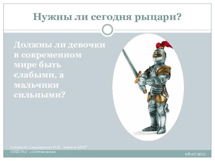 Нужны ли сегодня рыцари? Создатель: Спиридонова Н.Н. - учитель МОУ"СОШ