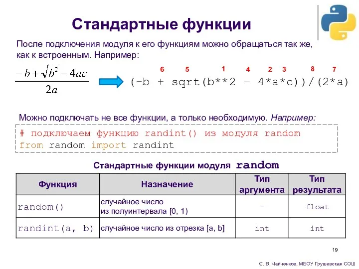 Стандартные функции Стандартные функции модуля random После подключения модуля к