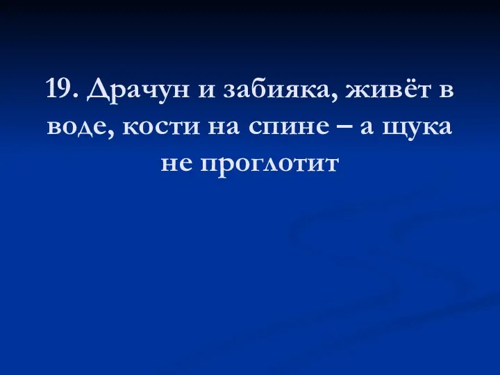 19. Драчун и забияка, живёт в воде, кости на спине – а щука не проглотит