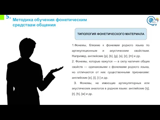 5. Методика обучения фонетическим средствам общения ТИПОЛОГИЯ ФОНЕТИЧЕСКОГО МАТЕРИАЛА 1.Фонемы,