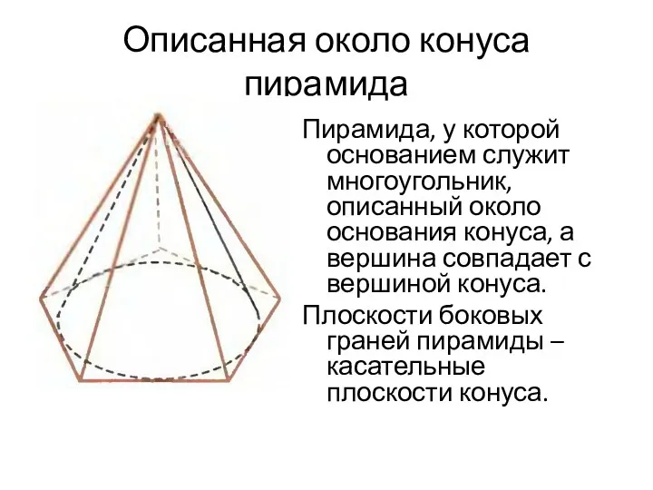Описанная около конуса пирамида Пирамида, у которой основанием служит многоугольник, описанный около основания