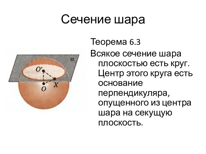Сечение шара Теорема 6.3 Всякое сечение шара плоскостью есть круг. Центр этого круга