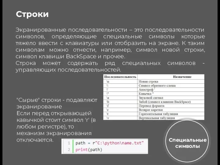 Строки Экранированные последовательности – это последовательности символов, определяющие специальные символы которые тяжело ввести