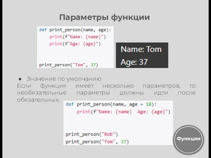 Параметры функции Значение по умолчанию Если функция имеет несколько параметров, то необязательные параметры