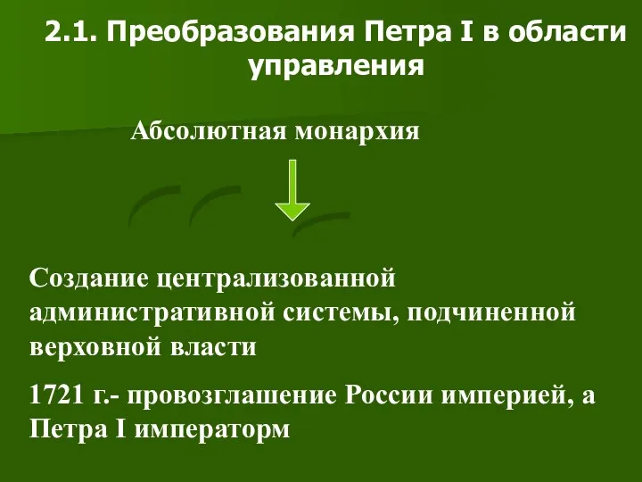 2.1. Преобразования Петра I в области управления Абсолютная монархия Создание