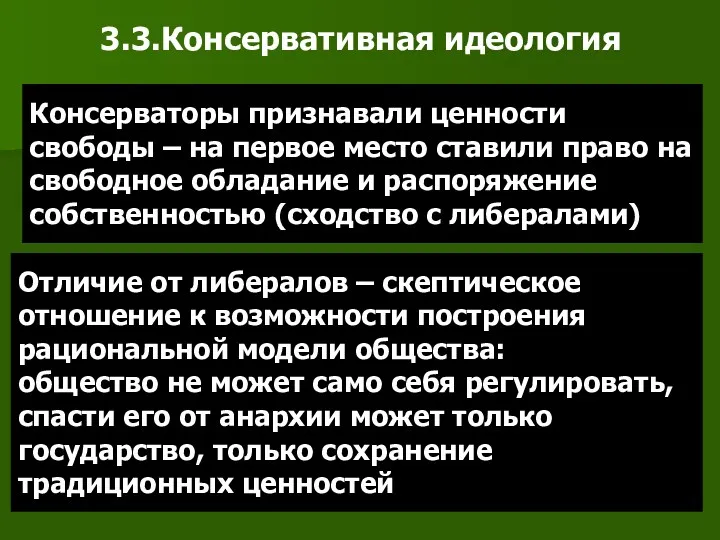 3.3.Консервативная идеология Консерваторы признавали ценности свободы – на первое место