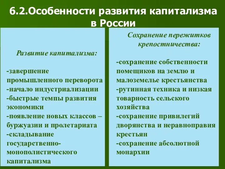 6.2.Особенности развития капитализма в России Развитие капитализма: -завершение промышленного переворота