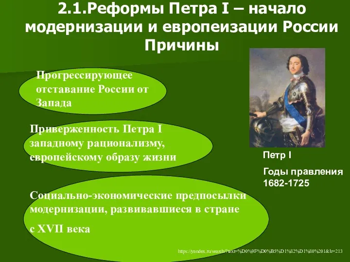 2.1.Реформы Петра I – начало модернизации и европеизации России Причины https://yandex.ru/search/?text=%D0%9F%D0%B5%D1%82%D1%80%201&lr=213