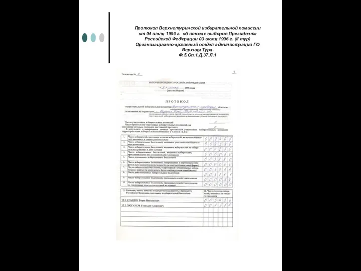 Протокол Верхнетуринской избирательной комиссии от 04 июля 1996 г. об